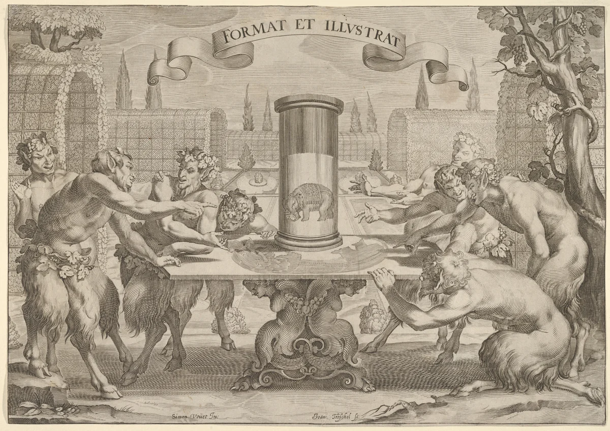 Satyrs Admiring the Anamorphosis of an Elephant by Hans Troschel, print, 1600-1628