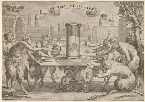 Satyrs Admiring the Anamorphosis of an Elephant by Hans Troschel, print, 1600-1628