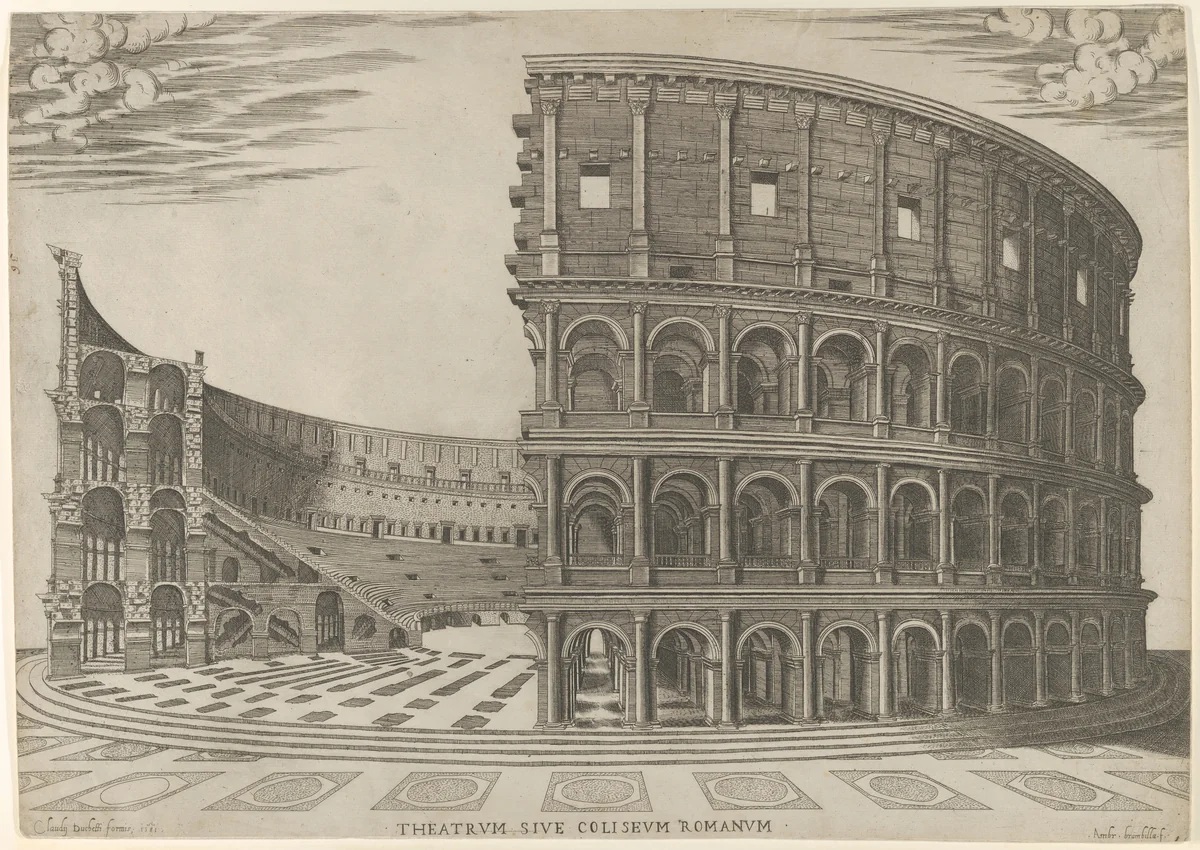 Section and elevation of the Colosseum in Rome by Giovanni Ambrogio Brambilla, print, 1581