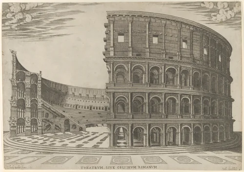 Section and elevation of the Colosseum in Rome by Giovanni Ambrogio Brambilla, print, 1581