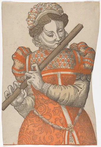 Woman Playing the Flute by anonymous, print, 1500-1599