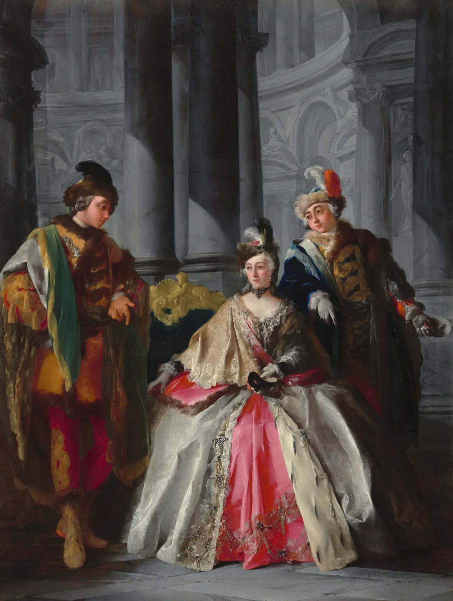 Three Figures Dressed for a Masquerade by Louis Joseph le Lorrain, painting, 1740