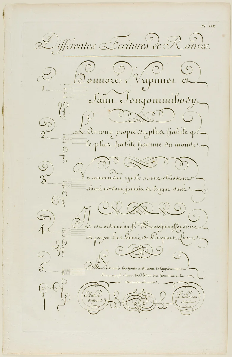 Various Rounded-Style Calligraphy, from Encyclopédie by Aubin Charles Paillasson André le Breton Michel-Antoine David Laurent Durand Antoine-Claude Briasson, print, 1760