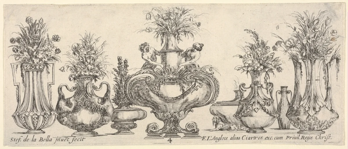 Eight vases, the largest one in center with sculptures of a nymph and a faun, plate 4 from "Collection of Various Vases" (Raccolta di Vasi Diversi) by Stefano della Bella, print, 1650-1656