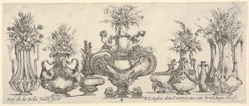 Eight vases, the largest one in center with sculptures of a nymph and a faun, plate 4 from "Collection of Various Vases" (Raccolta di Vasi Diversi) by Stefano della Bella, print, 1650-1656