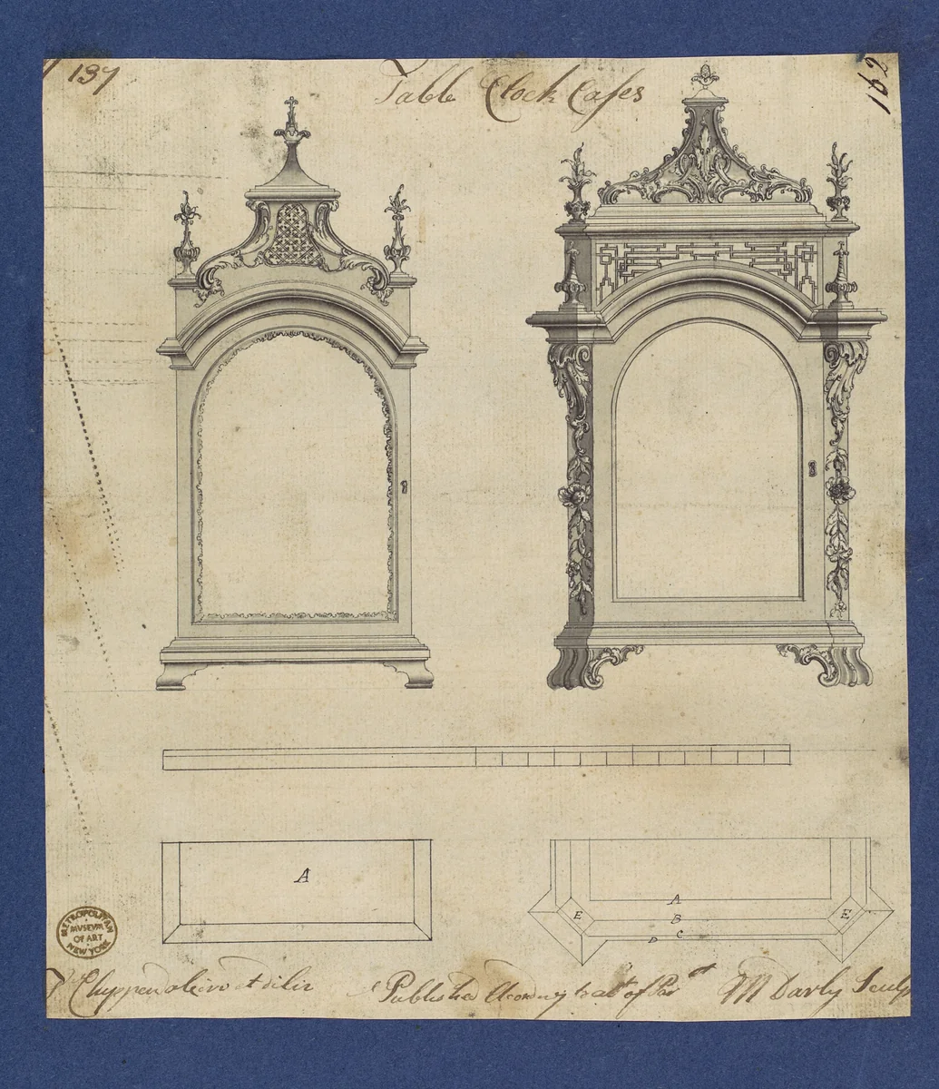 Table Clock Cases, in Chippendale Drawings, Vol. I by Thomas Chippendale, drawing, 1754