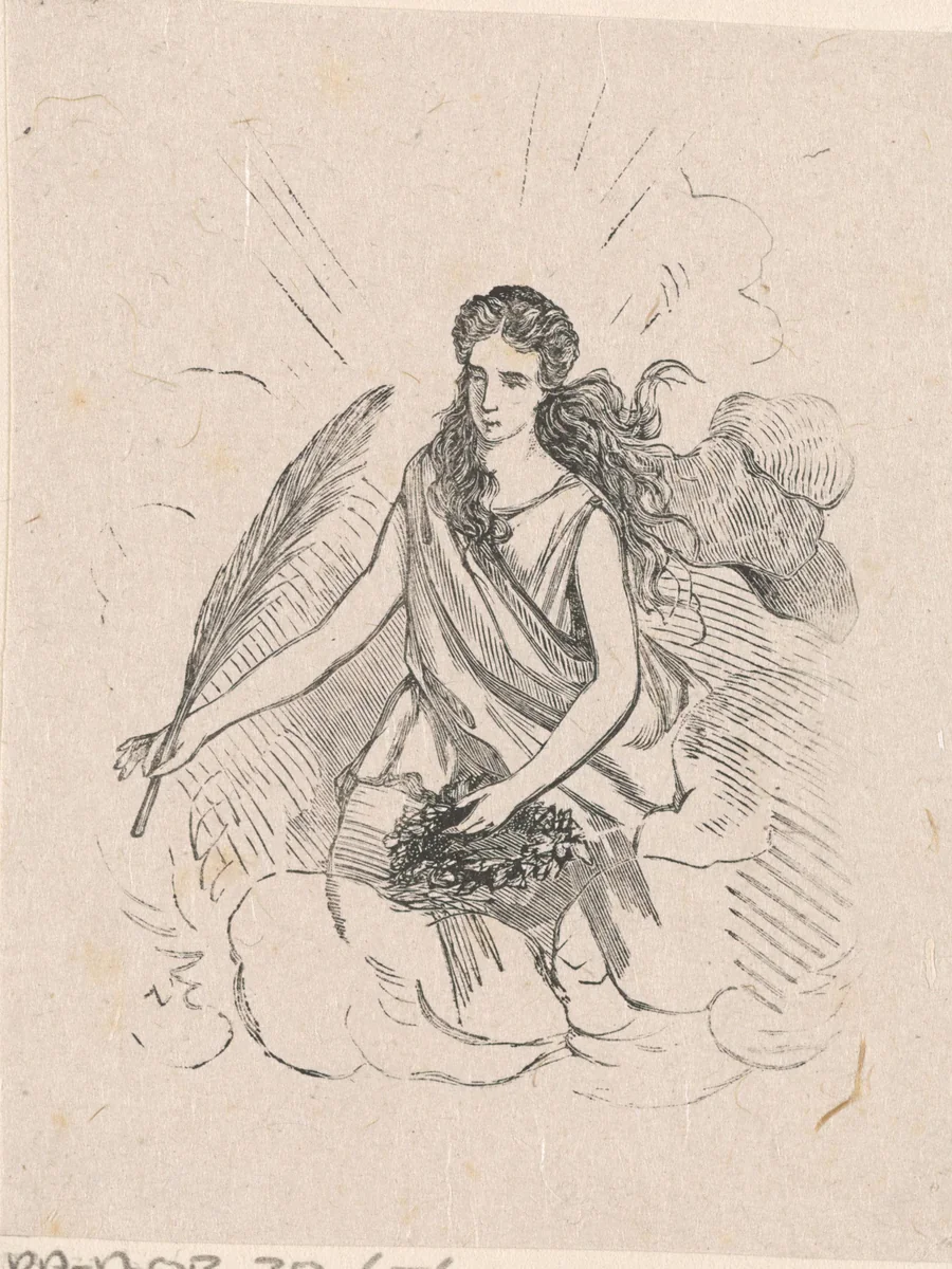 Allegorische vrouwfiguur met een veer en een krans by Isaac Weissenbruch, print, 1836-1912
