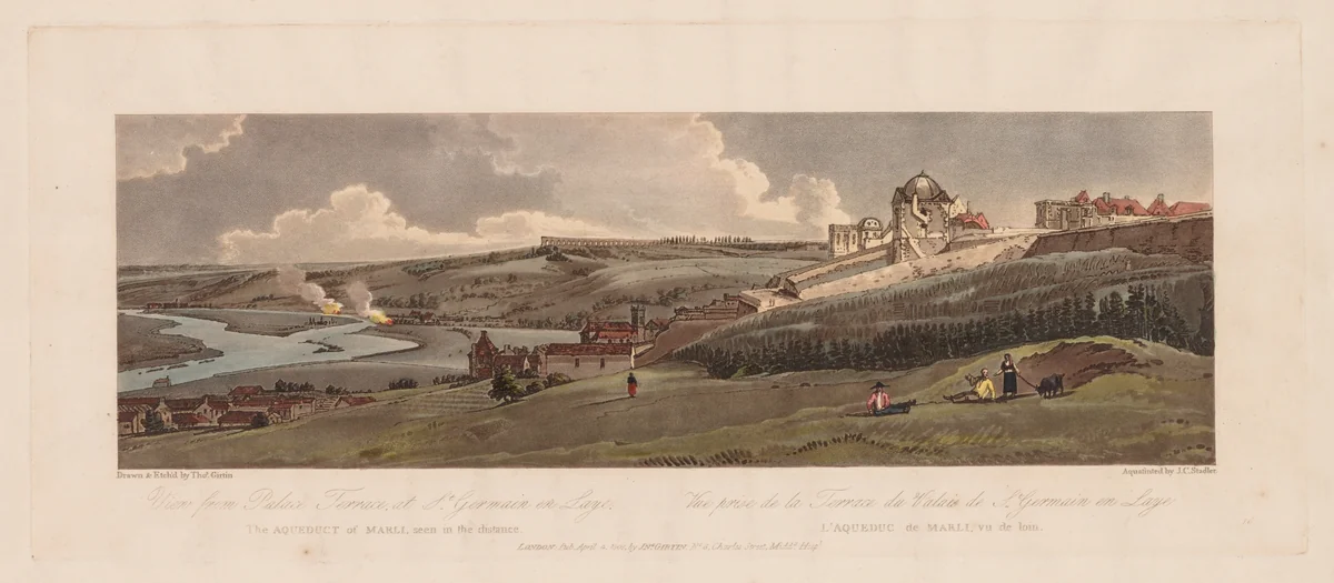 A Selection of Twenty of the Most Picturesque Views in Paris: View from Palace Terrace, at St. Germain en Laye, the Aquaduct of Marli seen in the Distance by Thomas Girtin, print, 1803