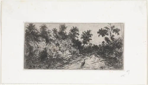 Vrouw en kind op een pad tussen twee kleine heuvels by Arnoud Schaepkens, print, 1855-1904