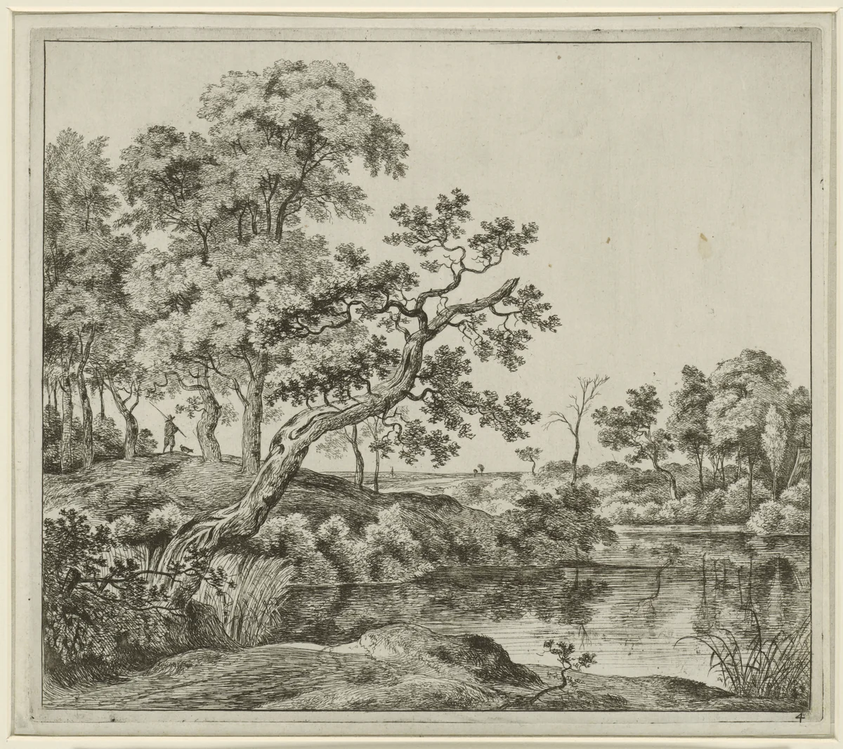 Landschap met een hangende boom aan het water by Jan Hackaert, print, 1640-1699
