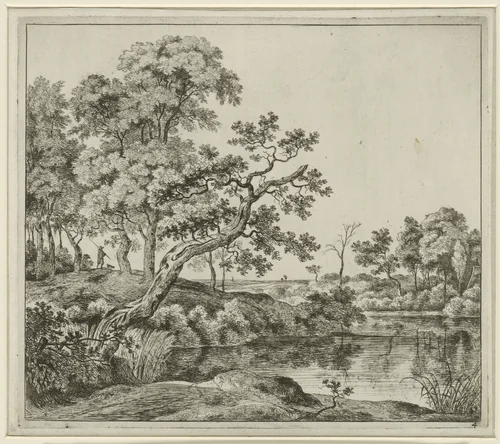 Landschap met een hangende boom aan het water by Jan Hackaert, print, 1640-1699
