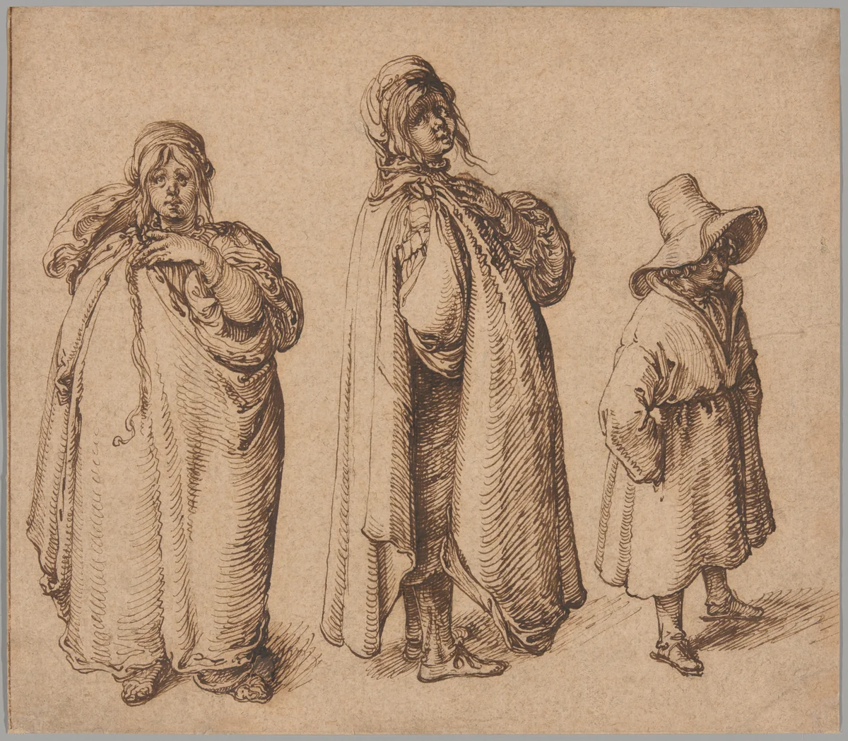 Two Studies of a Roma Woman and a Roma Boy in a Large Hat by Jacques de Gheyn II, drawing, 1600-1610
