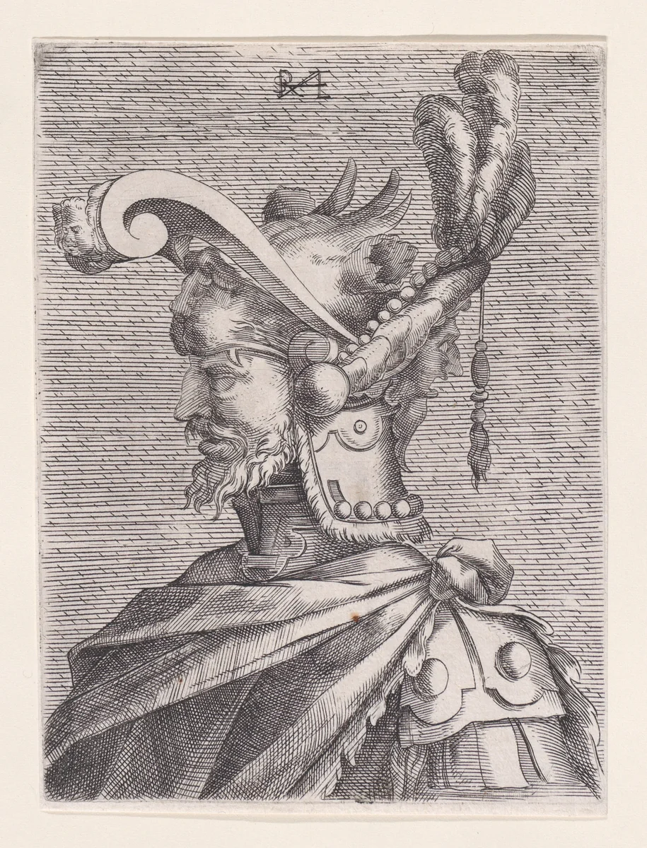 Bust of a Man in Fantastic Headgear by René Boyvin, print, 1525-1600
