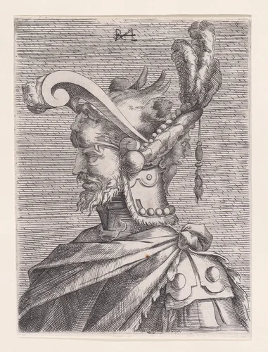 Bust of a Man in Fantastic Headgear by René Boyvin, print, 1525-1600