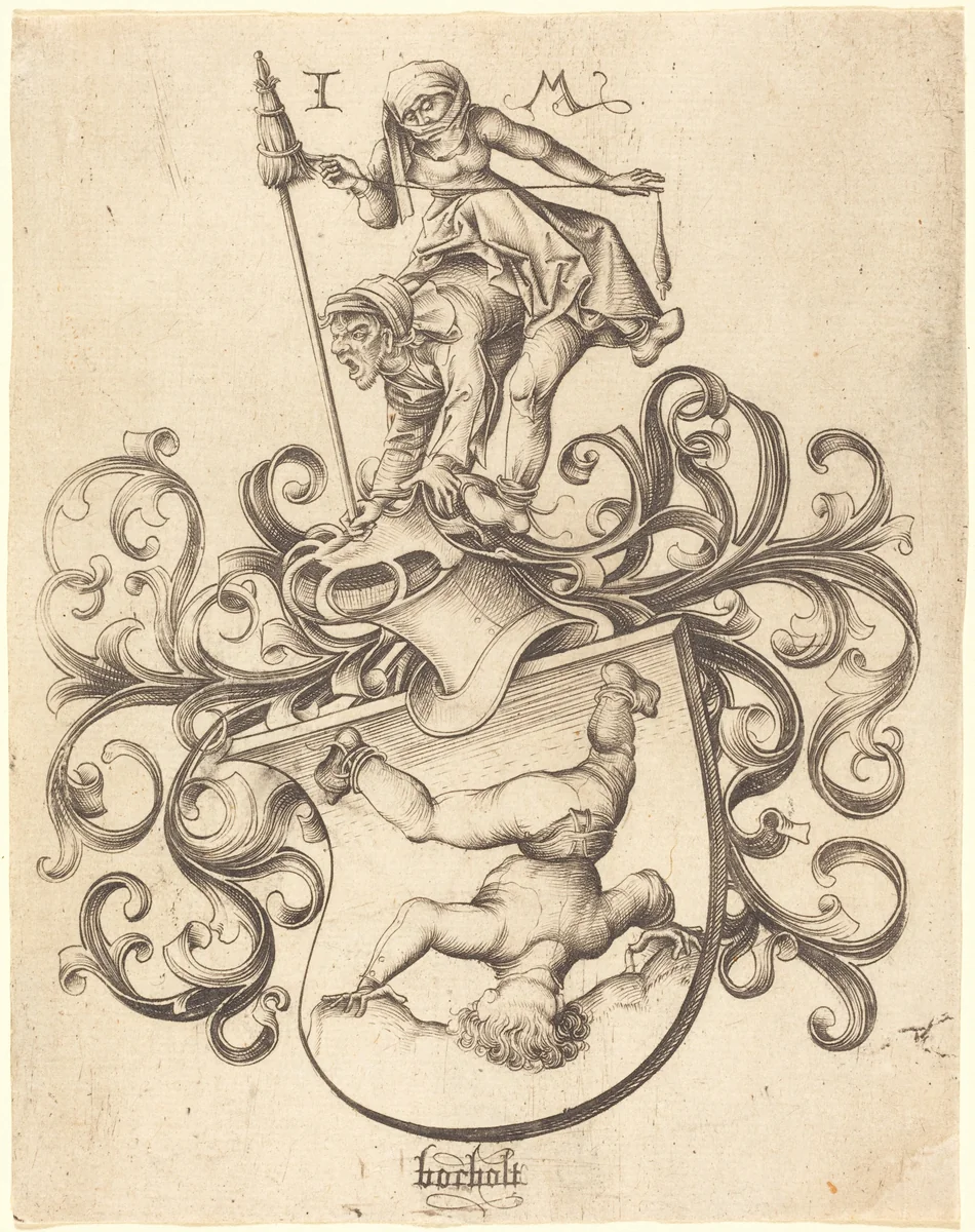 Coat of Arms with Tumbling Boy by Israhel van Meckenem, print, 1480-1490