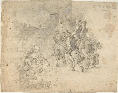 Military Cavaliers Entering Town Accompanied by a Turbaned Torch-bearer. In the foreground: Two Seated Women and a Child (recto); Several Cooks, and Two Pages with a Platter in a Kitchen Yard (verso) by Corrado Giaquinto, drawing, 1703-1766