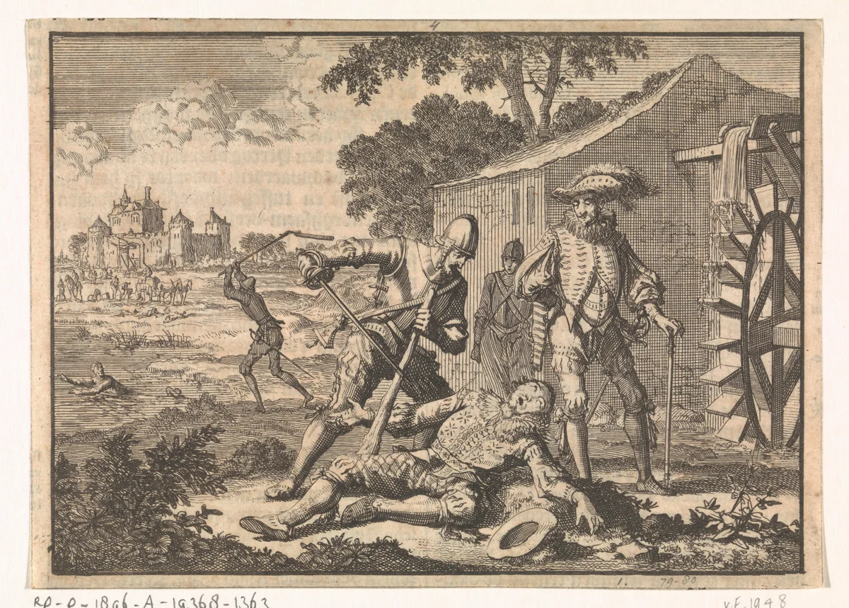 Wirich von Daun, graaf van Falkenstein, bij een watermolen door Spanjaarden vermoord,1598 by Jan Luyken, print, 1698