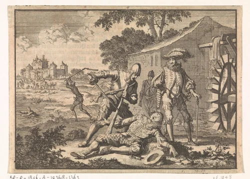 Wirich von Daun, graaf van Falkenstein, bij een watermolen door Spanjaarden vermoord,1598 by Jan Luyken, print, 1698