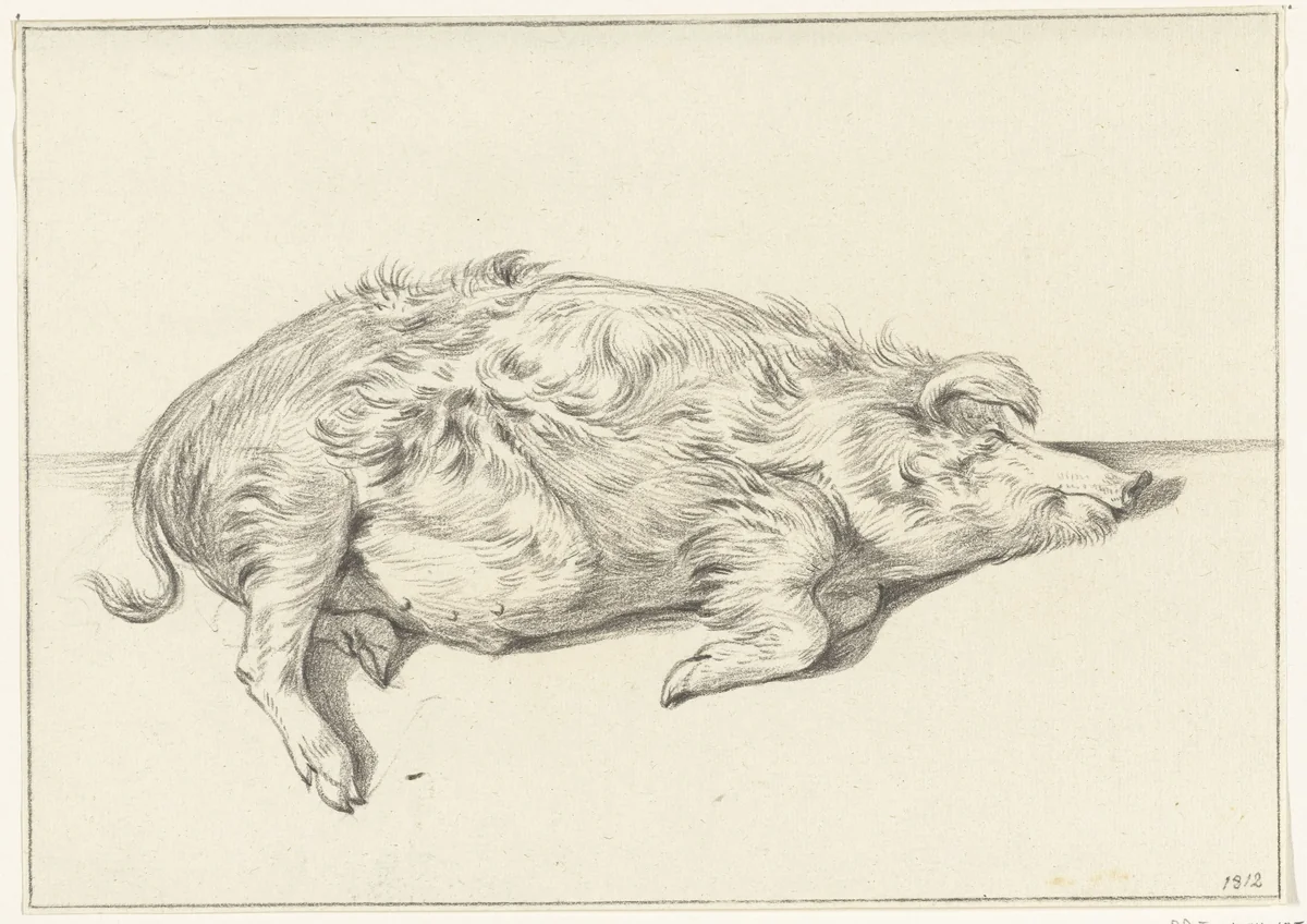 Liggend varken, naar rechts by Jean Bernard, drawing, 1812
