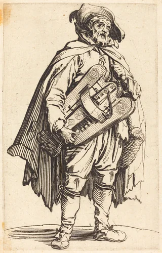 The Hurdy-Gurdy Player by Jacques Callot, print, 1622