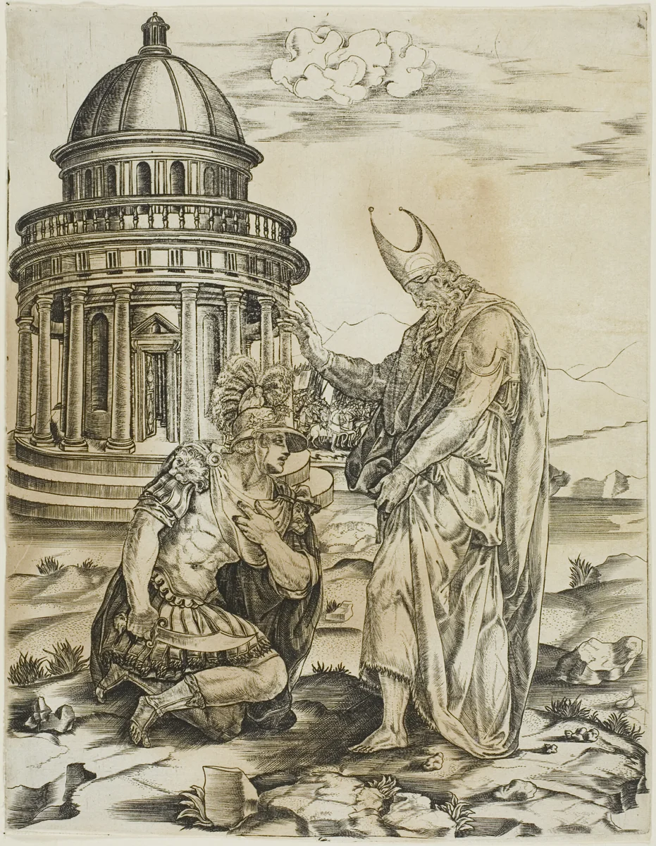 St. Ambrose and the Emperer Theodosius by Master IRs, print, 1500-1599