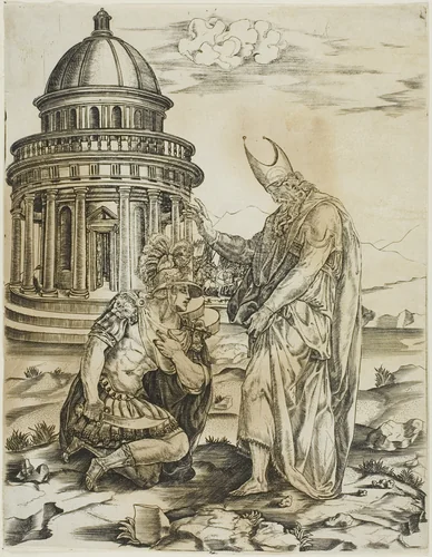 St. Ambrose and the Emperer Theodosius by Master IRs, print, 1500-1599