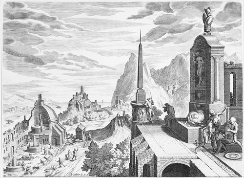 Rocky Landscape with Antique Buildings by Johann Sadeler I, print, 1568-1600