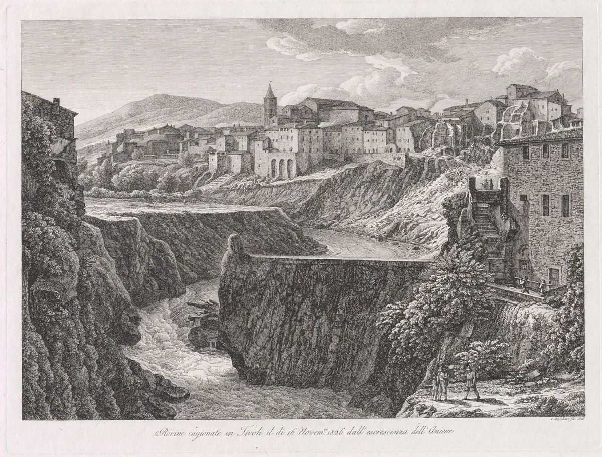 Rovine cagionate in Tivoli, dall'escrescenza dell'Aniene (Tivoli Damaged by the Flood of the River Aniene) by Johann Christian Reinhart, print, 1826