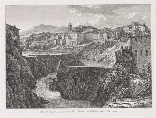 Rovine cagionate in Tivoli, dall'escrescenza dell'Aniene (Tivoli Damaged by the Flood of the River Aniene) by Johann Christian Reinhart, print, 1826
