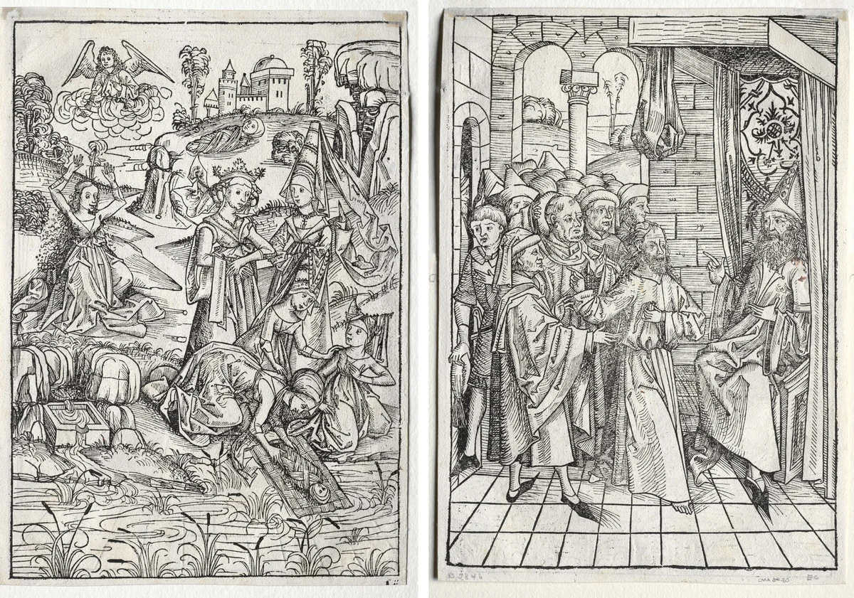 Der Schatzbehalter: Moses Found by Pharaoh's Daughter (recto); Der Schatzbehalter: Christ before Caiaphas (verso) by Michael Wolgemut, print, 1491