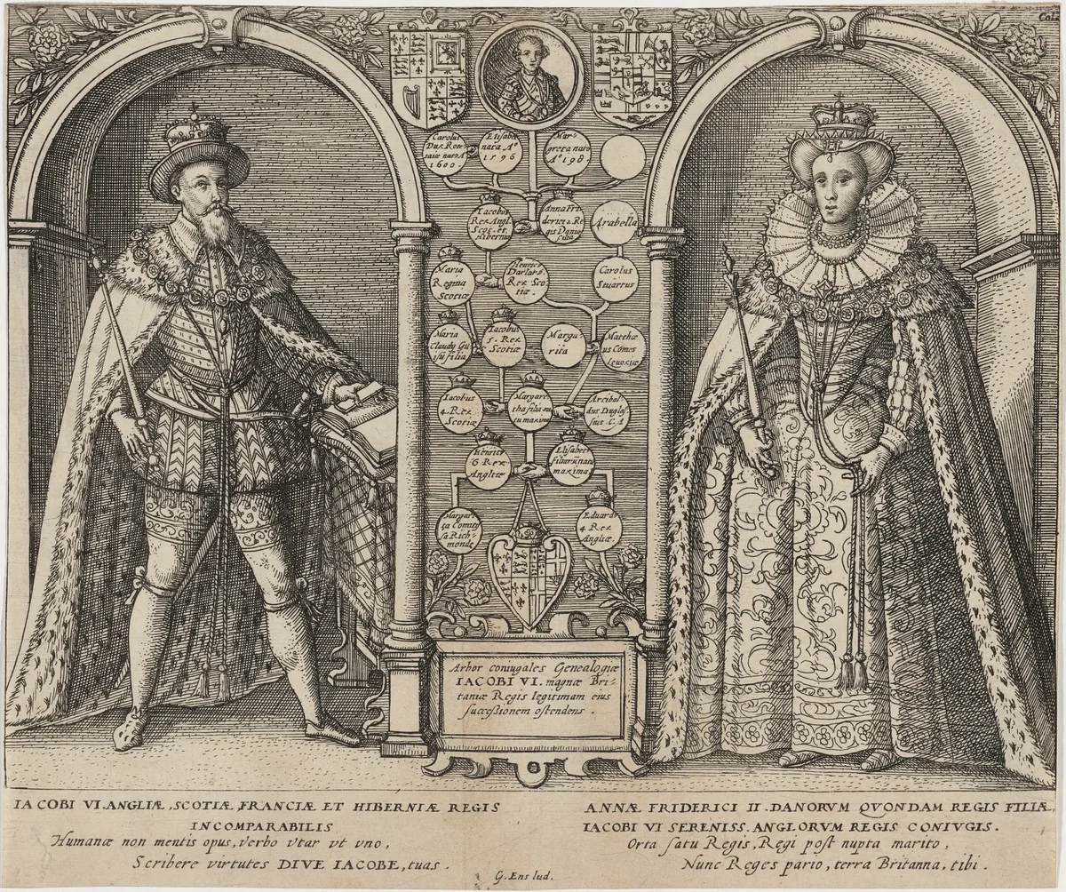 James I and Anne of Denmark with GeneologicalTree by Unknown 19th Century, print, 1800-1899