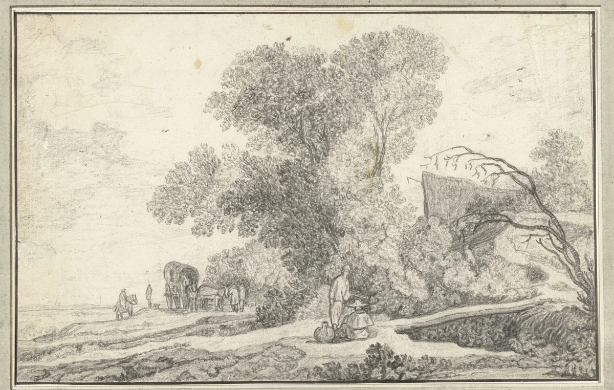 Landschap met boomgroep en huifkar by anonymous, drawing, 1600-1699