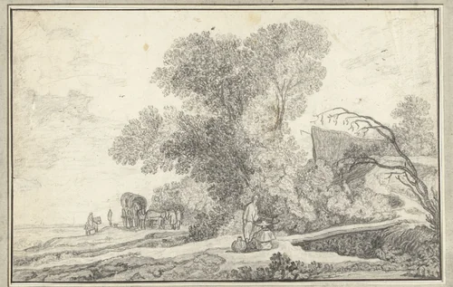 Landschap met boomgroep en huifkar by anonymous, drawing, 1600-1699