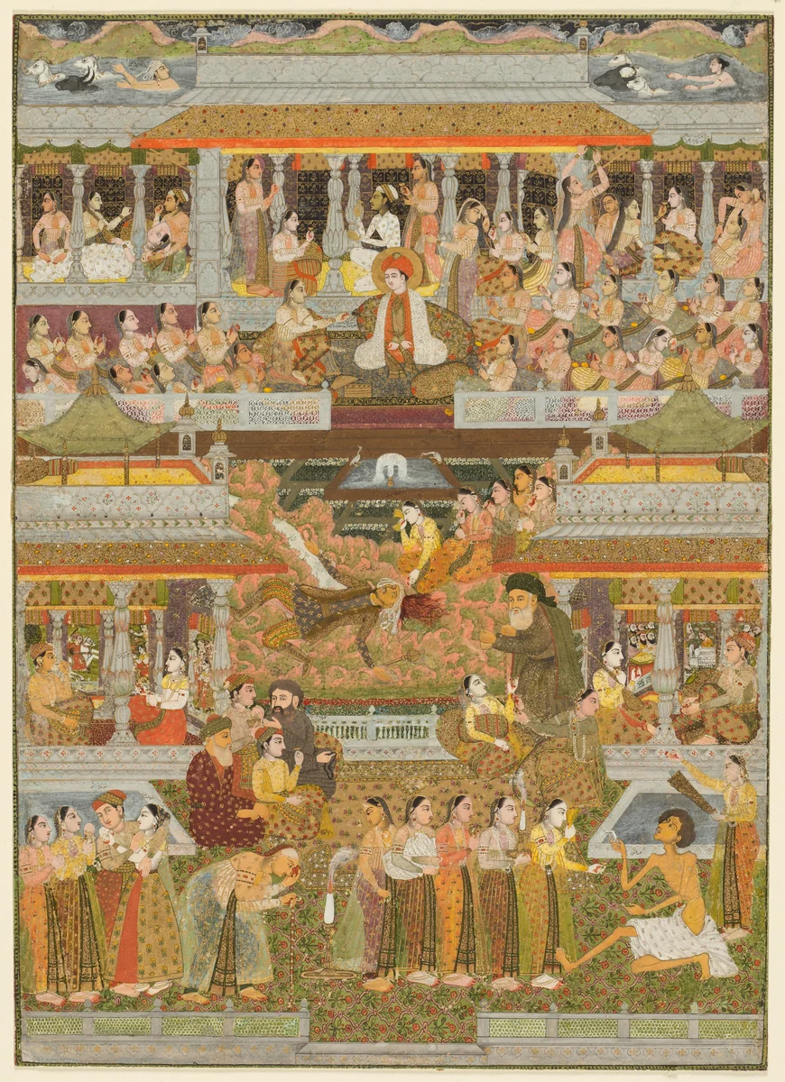 Lovers and beloveds: A composite of scenes from Persian, Urdu, and Sanskrit literature by Chitarman II, painting, 1730-1745