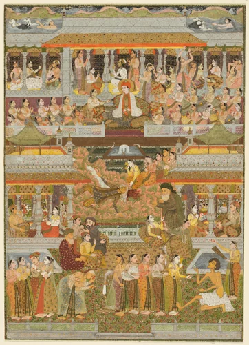 Lovers and beloveds: A composite of scenes from Persian, Urdu, and Sanskrit literature by Chitarman II, painting, 1730-1745