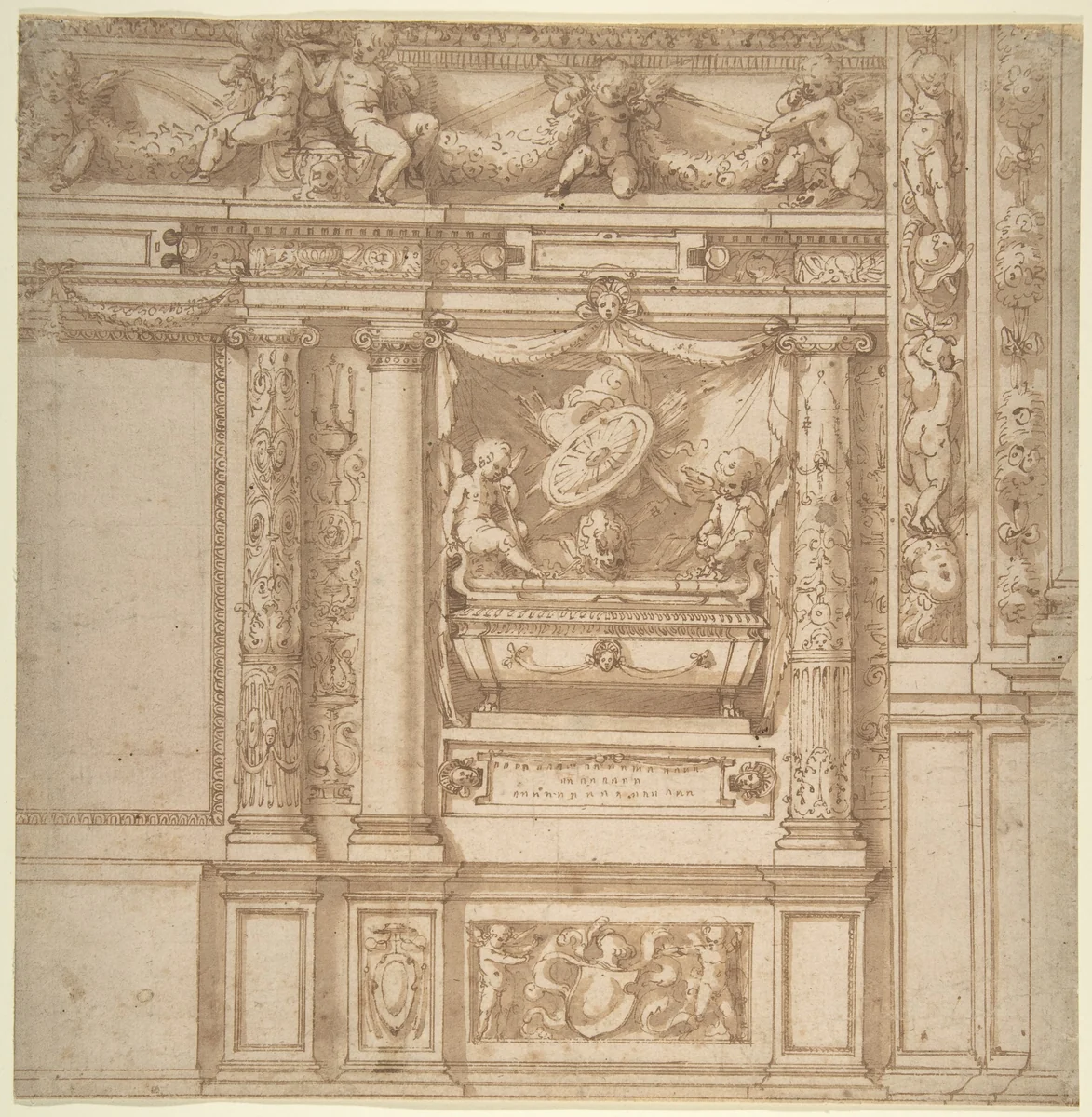 Design for Wall Decoration with a Funeral Monument Decorated with Columns and Putti Holding Garlands by anonymous, drawing, 1540-1550