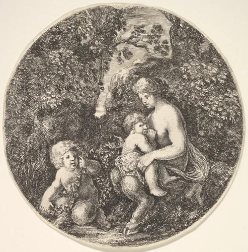 A female satyr breastfeeding an child to the right, turned towards the left, a satyr child on the ground to the left, from "Landscapes and seaports" (Paysages et ports de mer, dans des ronds) by Stefano della Bella, print, 1639