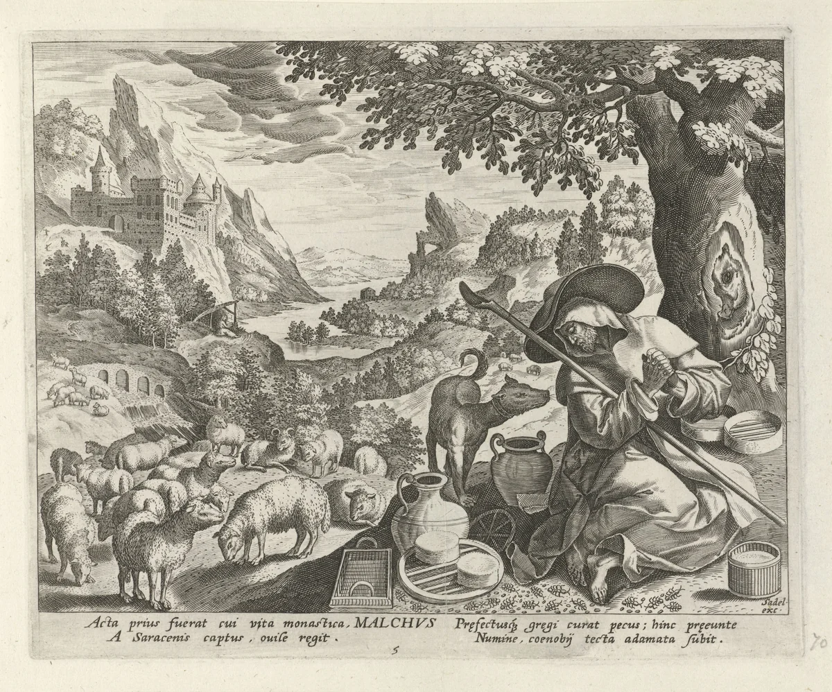 Malchus van Chalcis als kluizenaar by Johann Sadeler, print, 1583-1588