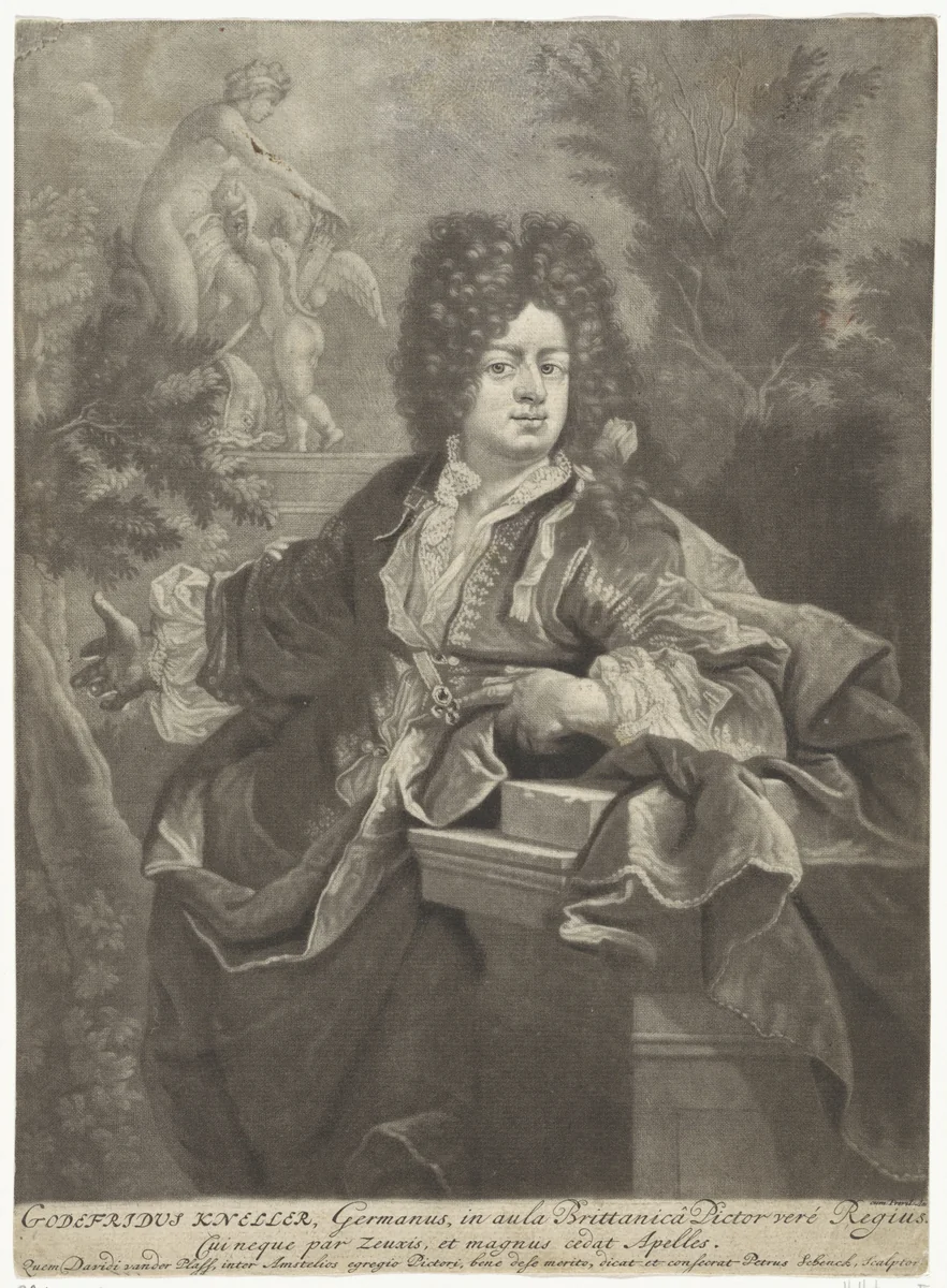 Portret van Gottfried Kneller by Pieter Schenk, print, 1670-1713