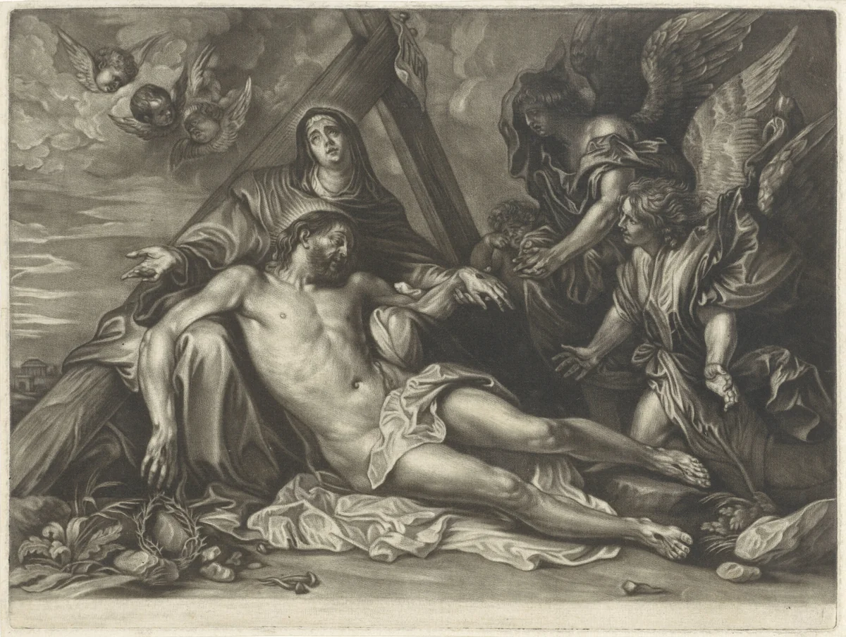 Kruisafname en bewening van Christus by Jacob Gole, print, 1670-1724