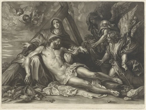 Kruisafname en bewening van Christus by Jacob Gole, print, 1670-1724