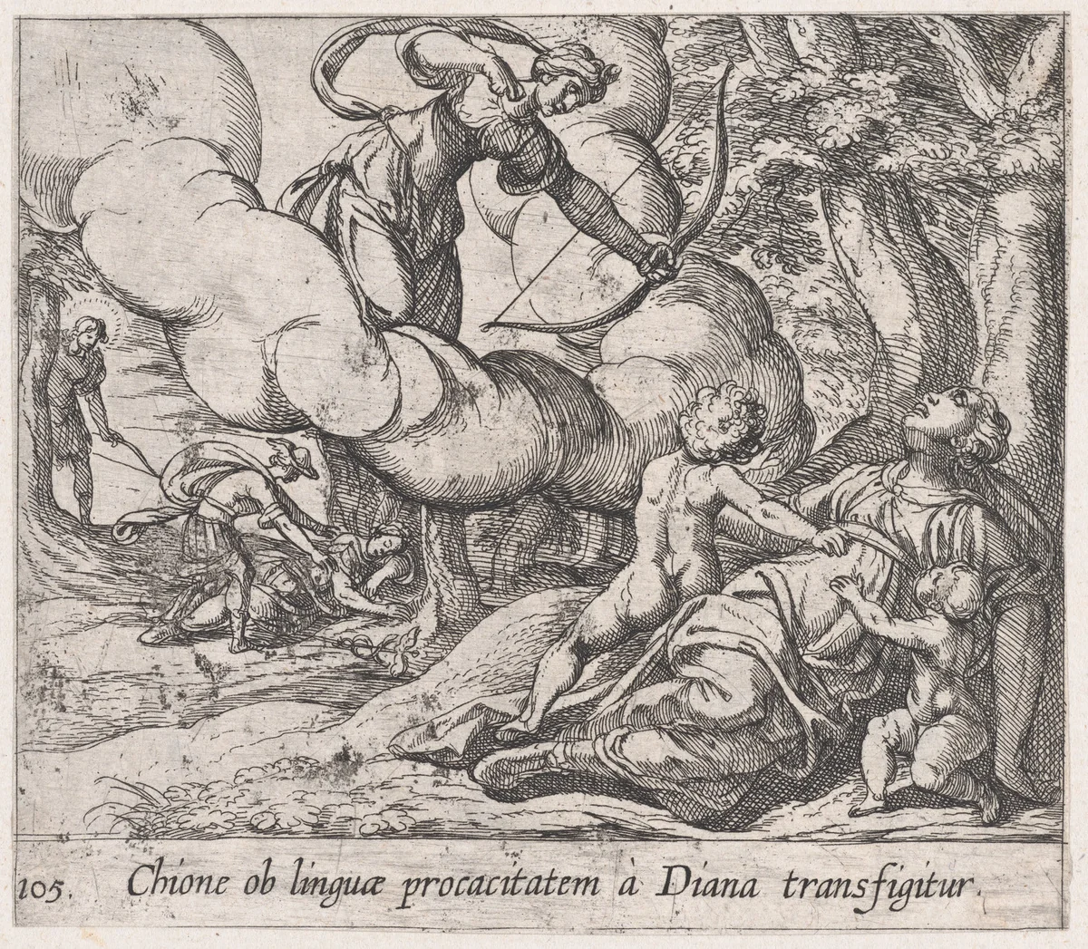 Plate 105: Diane Killing Chione (Chione ob linguae procacitatem a Diana transfigitur), from Ovid's 'Metamorphoses' by Antonio Tempesta, print, 1606