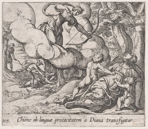 Plate 105: Diane Killing Chione (Chione ob linguae procacitatem a Diana transfigitur), from Ovid's 'Metamorphoses' by Antonio Tempesta, print, 1606