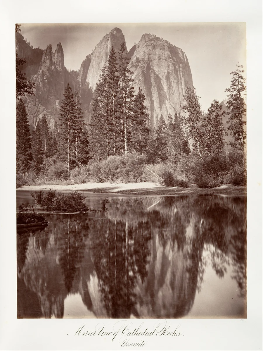 Mirror View of Cathedral Rocks, Yosemite by Carleton E. Watkins, photograph, 1870-1874