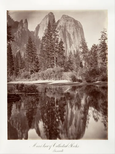 Mirror View of Cathedral Rocks, Yosemite by Carleton E. Watkins, photograph, 1870-1874
