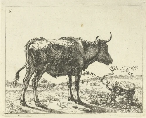 Stier staand bij boomstronk by Marcus de Bye, print, 1657-1677