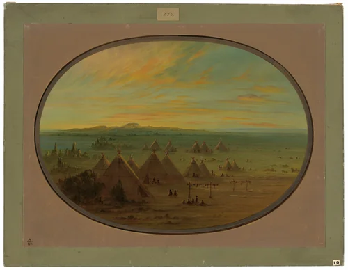 A Crow Village on the Salmon River by George Catlin, painting, 1855-1869