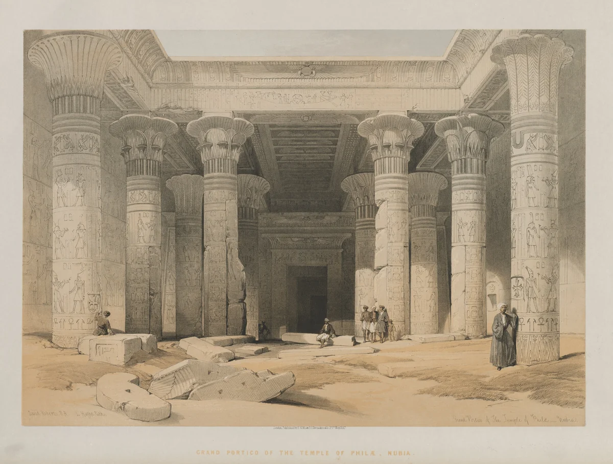 Egypt and Nubia, Volume I: Grand Portico of the Temple of Philae, Nubia by Louis Haghe, print, 1847