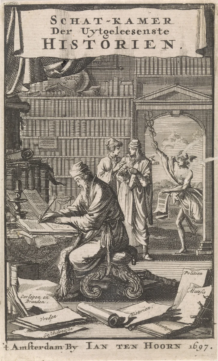 Geleerde schrijvend in zijn studeerkamer by Jan Luyken, print, 1697