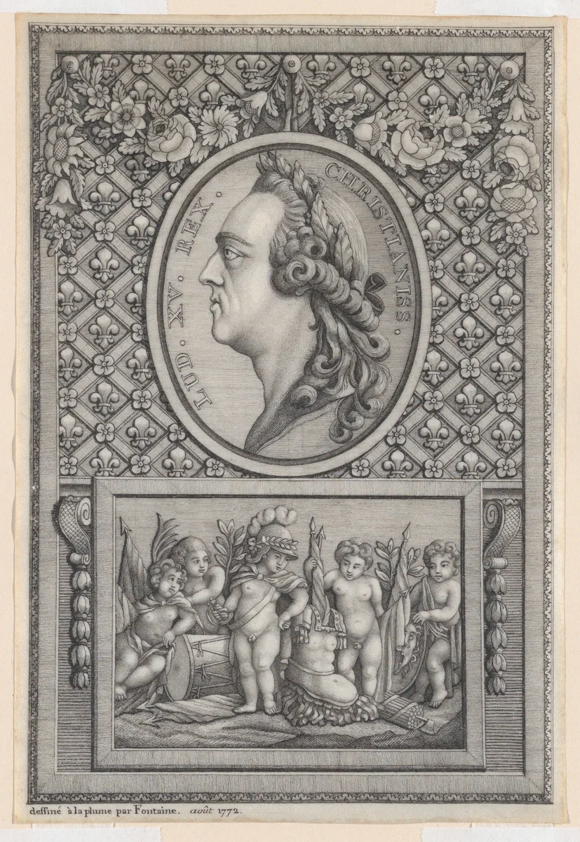 Portrait Medallion of King Louis XV set in a Decorative Frame with a Relief by Fontaine, drawing, 1772